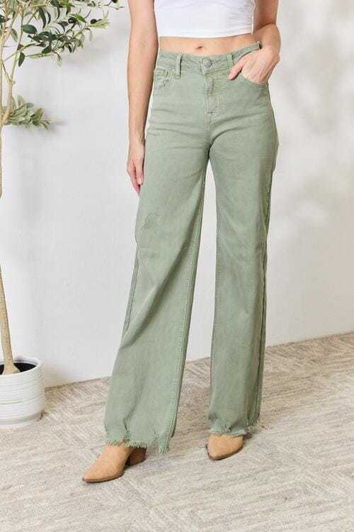 Primary image for RISEN Sage Green Raw Hem Wide-Leg Jeans
