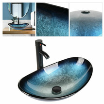 Bathroom Blue/Green Basin Sink Tempered Glass Vessel Bowl Faucet PopUp Basin - £95.57 GBP