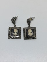 Vintage ATI Sterling Silver 925 Marcasite Cameo Dangle Earrings - £23.71 GBP
