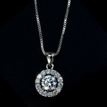 Gorgeous 3Ct Round Moissanite Halo Pendant Necklace 14K White Gold Plated Silver - $134.63