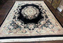 Black Chinese Aubusson Rug 8.5 x 11.6 Wool Chinese Carving Rug Vintage - £2,139.11 GBP