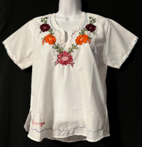 Nicaraguan Handmade White Cotton Short Sleeve Floral Embroidered Blouse ... - £7.97 GBP