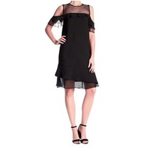 Nanette Lepore Mesh Yoke Dress 12 Large Black Cut Out Shoulders Ruffle Hem NWT - £60.00 GBP