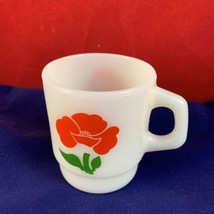 VTG Red Flower Poppy Anchor Hocking Fire King Milk Glass Coffee Mug Cup Tea - £18.31 GBP