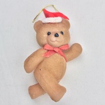 Teddy Bear Ornament Flocked Vintage Christmas Santa Hat Bow Tie Walking MCM - £7.84 GBP