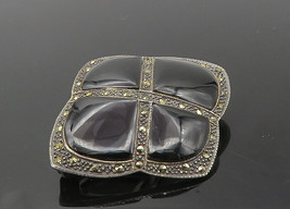 925 Sterling Silver - Vintage Black Onyx &amp; Marcasite Square Brooch Pin - BP3826 - £38.16 GBP