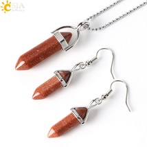 CSJA Women Natural Stone Jewelry Set Bohemia Pendant Necklace Drop Earrings Birt - £16.27 GBP