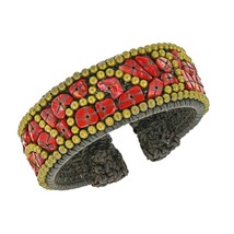 Vibrant Red Coral and Brass Mosaic on Cotton Rope Cuff Bracelet - £10.11 GBP
