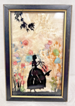 Vintage Silhouette Picture Girl Fancy Dress Hat Pressed Flowers 4 x 6 Inch - $28.22