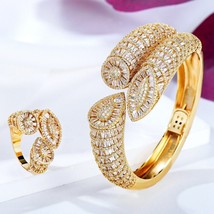 Gold Plated Chunky Statement Bracelets Bangles Ring CZ Resizable Jewelry Set - £113.87 GBP