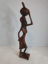 Hand Carved 11 1/4&quot; Wooden Haitian Woman Figurine Basket On Head - £19.72 GBP