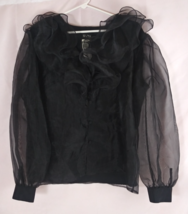 NWT Erena Women&#39;s Black Sheer Lined Ruffle Button-Up Blouse Size 12 - $24.24