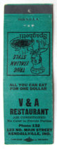 V &amp; A Restaurant - Kendallville, Indiana 20 Strike Matchbook Cover IN Spaghetti - £1.49 GBP