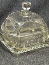 Clear Butter Dish With Cover EAPG Cir 1886 Deer Tree Has Damage - £26.13 GBP