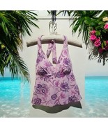 Lands&#39; End Tankini Halter Tie Swim Top Floral Pink Purple SZ 10 Built In... - $22.76