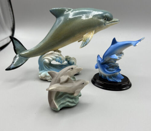 Primary image for Figurines Three Dolphins Various Sizes and Colors  Mounting Blue Gray  Resin