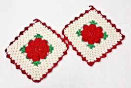 2 Handmade Grandma Core Red Flower Hot Pad Potholders - $12.38