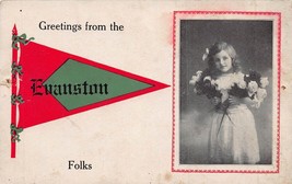 Evanston WYOMING~GREETINGS-YOUNG Girl With FLOWERS~1913 Pennant Postcard - £5.31 GBP