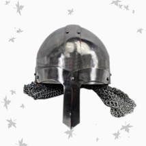 Queen Brass Medieval Steel Viking Nasal Helmet With Chainmail: Hand-Forged Stand - £117.46 GBP