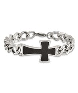 Mens Stainless Steel Polished Cross Bracelet with Black Carbon Fiber Inlay - $149.40 CAD