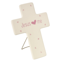 NEW Girl&#39;s Jesus Loves Me Ceramic Cross Pink Hearts 5.5x7.5&quot; Baptism Gift - £22.01 GBP