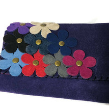 Vintage Purple Suede Clutch Purse Floral Lining Flower Applique - £21.95 GBP
