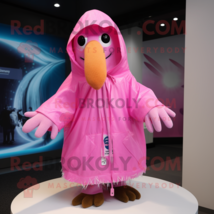 Pink Kiwi mascot costume character dressed with a Raincoat and Shawl pins - £983.28 GBP