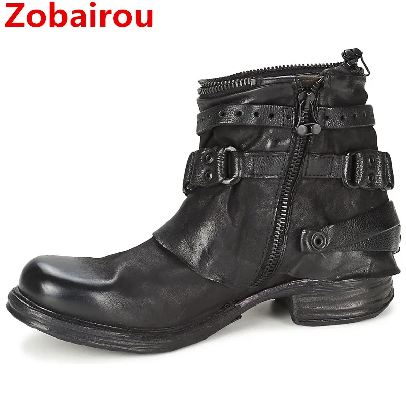 Zobairou Western Design Zapatos Mujer Biker Boots Leather Round Toe  boy... - £311.73 GBP