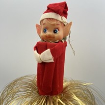 RARE Vintage Pixie Elf Knee Hugger Tinsel Tree Topper 50s 60s Red Gold Kitsch 9&quot; - $42.06