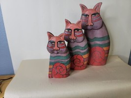 Set of 3 Laurel Burch Style Cats Wood Hand Painted Indonesia F - £15.82 GBP