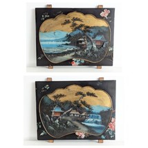 Original Japanese Oil Paintings on Lacquered Wood Panels, Pair, Antique - $91.13