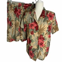 Vintage Radcliffe Hawaiian Short Set S L Tan Floral Buttons Up Top Elastic - £29.28 GBP