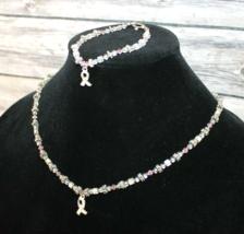 Silver &amp; Pink Beaded Cancer Pink Ribbon Swarovski Crystals Necklace &amp; Bracelet - £29.61 GBP