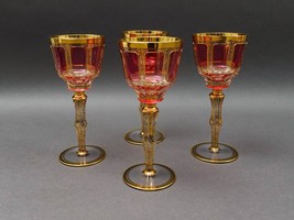 Moser Bohemian Cranberry Red Gold Gilded Panel 8 1/4&quot; Wine Glass Goblet Set Of 4 - $1,399.99