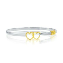 Double Tone Sterling Silver Gold Plated Charms Rope and Double Heart Hook Bangle - £97.10 GBP