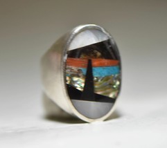 Navajo Ring Turquoise Seascape Abalone Lighthouse Spiny Oyster Sterling Silver M - £151.12 GBP