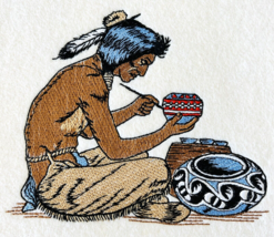 Native Pottery Artist Machine Embroidered Picture on Felt Vintage 1960s ... - $19.34