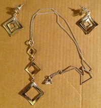 Vintage 1970s Silver Geometric Triple Diamond Shaped Dangles Necklace &amp; Earrings - £32.95 GBP