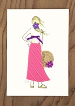Fuchsia Stripe Outfit Gal with Straw Hat Greeting Card - £5.60 GBP