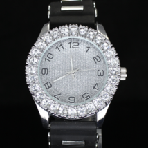 Big Face Iced up Bezel 44mm Hip Hop CZ Silver Plated Silicone Band Quart... - $23.99