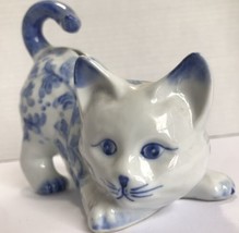Andrea By Sadek Kitten Piggy Bank White with Blue Floral Pattern 5in Tall. - £11.42 GBP