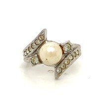 Vintage Sterling Signed C&amp;C Art Deco Pearl and Rhinestone Accent Cocktail Ring 5 - £31.03 GBP