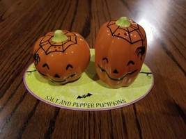 Halloween Spider Web Pumpkin Jack O Lantern Ceramic Salt &amp; Pepper Shakers, NOB - £11.17 GBP