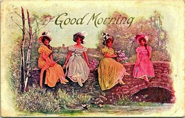 Victorian Ladies Gibson Girls Sitting on Stone Bridge Good Morning 1909 Postcard - £9.04 GBP