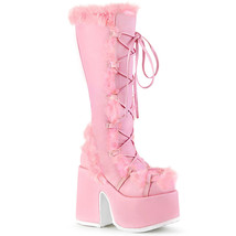 DEMONIA CAMEL-311 Faux Fur 5&quot; Chunky Heel Platform Baby Pink Womens Knee Boots - £96.18 GBP