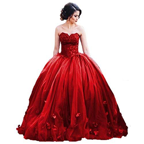 Women Long Ball Gown Tulle Floral Beaded Lace Formal Prom Dress Wine Red US 2