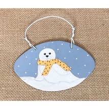 Hand Painted Art On Oval Wood Ornament White Seal Wearing Scarf In Snow Whimsy - £7.96 GBP