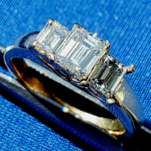 Earth mined Diamond Deco Engagement Ring 3 Stone Emerald cut Solitare 14k Gold - £3,145.07 GBP