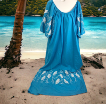 Caro of Honolulu Vintage Blue Embroidered Hawaiian Floral Muumuu Caftan Dress L - £31.64 GBP