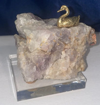 Amethyst ￼Quartz Stone, Paper Weight, Gold-tone Duck Figurine, On Acrylic Square - £17.14 GBP